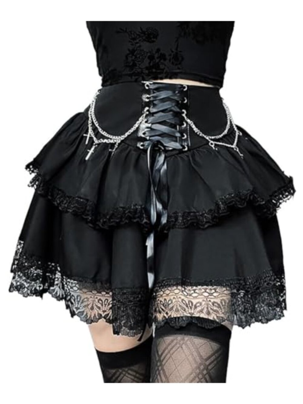 Lace Up Double Layered Ruffles Gothic Punk Emo High Waist Mini Skirt